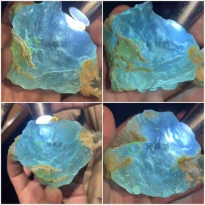 缅甸天然翡翠原石龙石种天空蓝湖水蓝脱沙开窗半明料