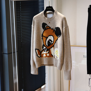 娜比同款 奶甜慵懒减龄 1oo绵羊毛手绣小鹿图案宽松圆领针织毛衣