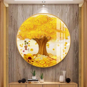 发财树圆形装饰画黄金满地摇钱树壁画玄关挂画新中式客厅餐厅招财