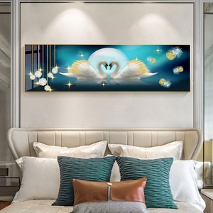 卧室床头装饰画轻奢风新款主卧挂画温馨天鹅房间壁画床尾晶瓷横幅
