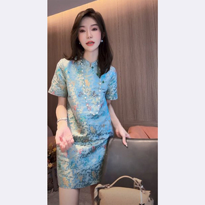 新中式国风蓝色日常改良旗袍女2024夏季新款女装高级感气质连衣裙