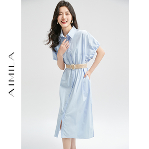 艾米拉蓝色Polo领衬衫裙女短袖2024夏季新款气质显瘦中长款连衣裙