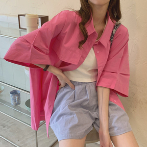 玫粉色短袖衬衫外套式小开衫外搭薄款防晒衣甜酷上衣宽松夏天女款