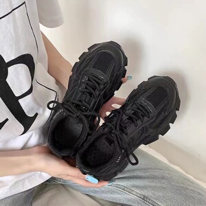 黑色老爹鞋女款夏季透气网纱全黑运动鞋厚底纯黑上班黑将军小黑鞋