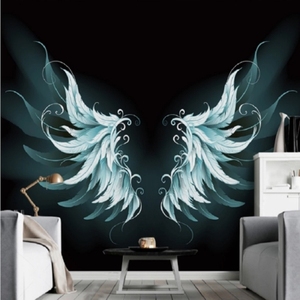 羽毛星空蓝天白云壁画墙纸天使之翼翅膀背景墙壁纸艺术5d立体墙.