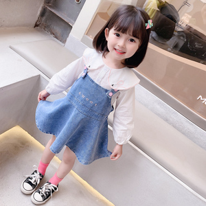 女宝宝秋装连衣裙洋气女童牛仔背带裙套装1一2到3四5岁小女孩衣服