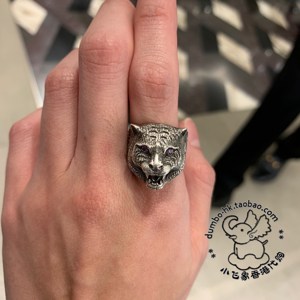 gucci古驰古奇 纯银镀黑做旧 紫色水晶眼睛 老虎头头像 戒指
