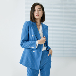 tz她制修身西装外套女条纹天蓝色西服双排扣小西装通勤设计高级感