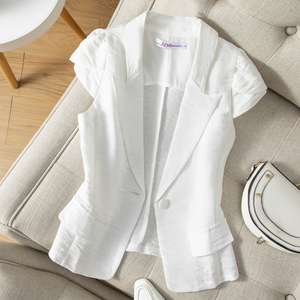 棉麻小西服2024夏天白色短袖西装外套女夏季新款薄款小个子短款