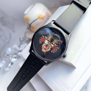 正品 gucci 古驰手表虎头石英时装气质黑武士硅胶男女表ya1264021