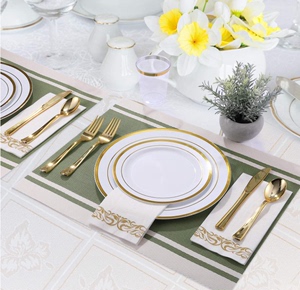 一次性餐具金色派对聚会餐盘西餐刀叉勺白色硬塑料圆盘自助餐套装