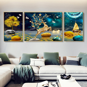 轻奢高档镶钻石画客厅装饰画沙发背景墙挂画九鱼图麋鹿壁画晶瓷画