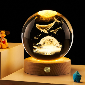 高级感海洋鲸鱼海豚3D内雕水晶球摆件小夜灯创意生日礼物纪念品