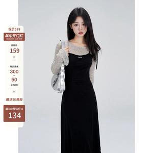 一颗小野莓2024年春季新款法式假两件连衣裙女圆领显瘦修身喇叭袖