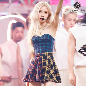 rose朴彩英同款拼接格子百褶裙女夏季韩版高腰辣妹显瘦a字半身裙