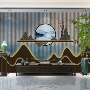 饭店餐厅背景墙装饰茶舍茶室壁纸新中式装修墙纸山水竹子屏风壁画