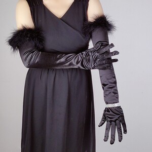 黑色手套复古赫本风女缎面羽毛蕾丝长款婚纱弹力氨纶缎面礼仪手套