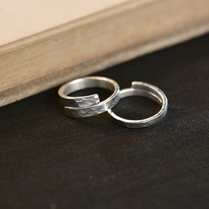 交叉手工锤纹戒指s999足银开口可调节情侣对戒食指环素银个性原创