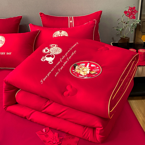 富安娜大红色结婚陪嫁春秋被婚庆喜被单双人被子四季通用冬被加厚