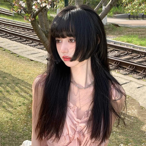 假发女长发时尚公主切长直发姬发式lolita逼真圆脸黑长直全头套式