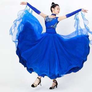 蓝色摩登舞裙国标舞华尔兹大裙摆新款表演出比赛服装贴花加钻舞服
