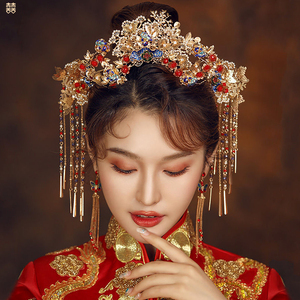 中式新娘秀禾服头饰凤冠结婚高级汉服古装发饰女套装大气龙凤褂