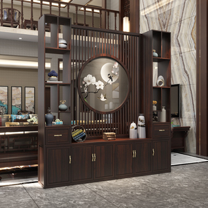 实木屏风隔断客厅新中式玄关柜酒柜进门正对入户别墅乌金原木定制
