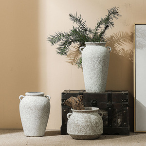 白色复古陶罐插花陶瓷花瓶现代简约水培花器花盆多肉植物粗陶摆件