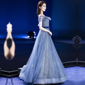 刘诗诗同款蓝色星空一字肩显瘦年宴会主持演出气质婚纱礼服连衣裙