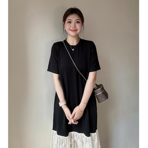 2024夏季法式蕾丝拼接短袖黑色T恤连衣裙女韩版时尚显瘦鱼尾长裙