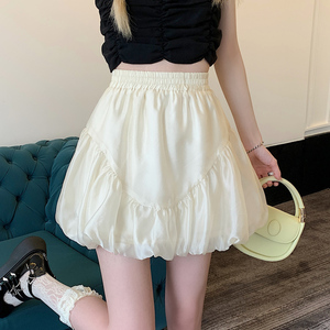花苞半身裙女夏季高腰光泽感法式蓬蓬裙网红气质遮胯灯笼a字短裙