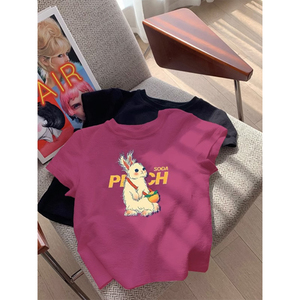 卡通兔子短袖t恤女夏季2024新款玫紫色设计感小个子修身正肩上衣