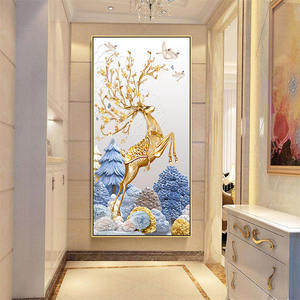 吉祥招财金鹿入户玄关装饰画进门玄关画竖版过道装饰壁画走廊挂画
