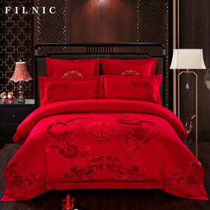 FILNIC结婚家纺四件套纯棉大红色中式龙凤刺绣婚庆床上多件套用品