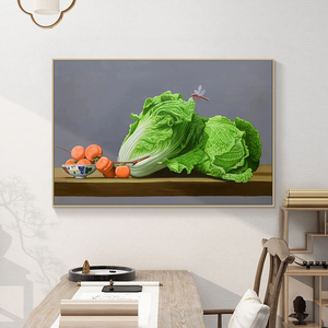 超写实聚财大白菜纯手绘油画客厅餐厅静物装饰画玄关柿柿如意挂画