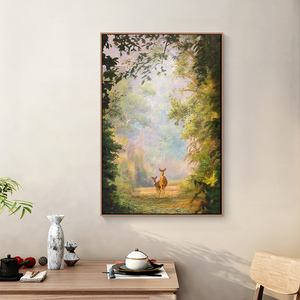 入户玄关梅花鹿挂画新中式林深见鹿纯手绘油画客厅抽象森林装饰画