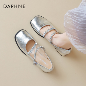 达芙妮银色玛丽珍鞋女夏季lo鞋高跟鞋法式晚风粗跟单鞋水钻芭蕾鞋