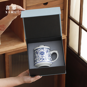 陶瓷茶杯带盖家用大水杯办公室会议礼品过滤杯子青花瓷器定制刻字