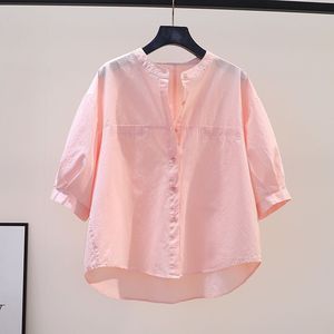 粉色圆领棉质衬衫女2023夏季文艺范宽松中袖衬衣休闲上衣前短后长