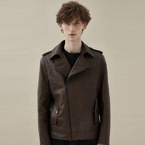 牧尼亨利ostrich-鸵鸟皮轻奢时装真皮皮衣男时尚翻领机车夹克外套