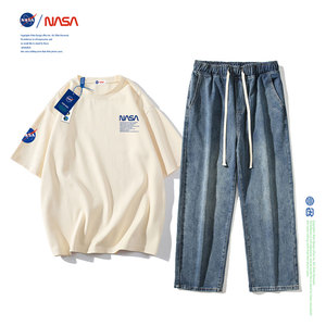 NASA休闲运动套装男2023夏季纯棉短袖T恤阔腿牛仔裤一套搭配帅气