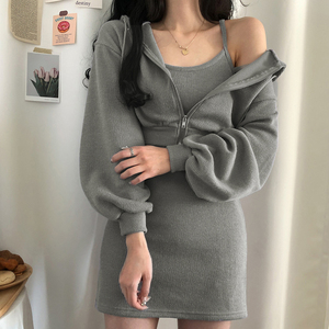 aomr辣妹吊带针织裙两件套修身显身材包臀吊带短裙叠穿开衫外套女