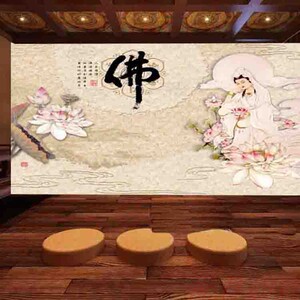 荷花观音菩萨佛缘壁画佛禅意境大理石纹壁纸宗教佛图寺庙背景墙布