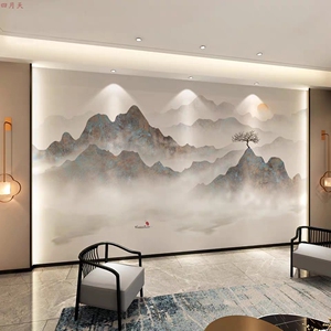 新中式壁画背景墙布3d无缝丝绸布水墨山水画电视墙壁布纸来图定制