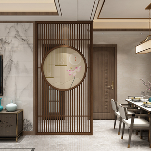新中式隔断实木圆形栅栏屏风餐厅客厅酒店门口镂空装饰入户玄关墙
