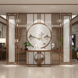 新中式隔断实木格栅客厅屏风酒店顶天立地花格玄关墙定制山水座屏