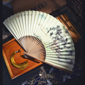中国风复古风双面8寸30方山水画纸扇男夏季工艺扇国画汉服折扇子