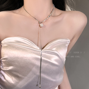 碎银珍珠抽拉式长款项链女夏2024新款流苏锁骨链可调节脖颈链配饰