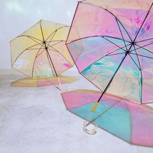 日系浪漫梦幻美丽彩虹色极光伞透明长柄雨伞