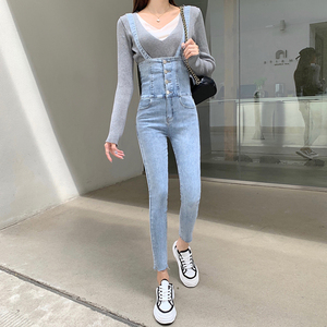 排扣连身吊带裤连体高腰紧身修身铅笔烟管裤小脚牛仔背带裤女春秋